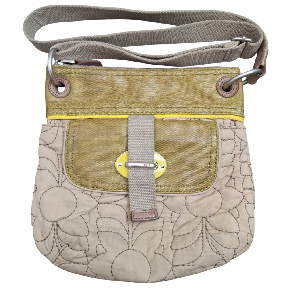 Fossil Vintage 90s Key-Per Crossbody Bag Quilted Floral Nylon Tan Messenger‎ Bag